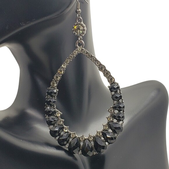 Large Gunmetal Gray Black White Rhinestone Teardrop Hook Dangle Pierced Earrings - Picture 1 of 10